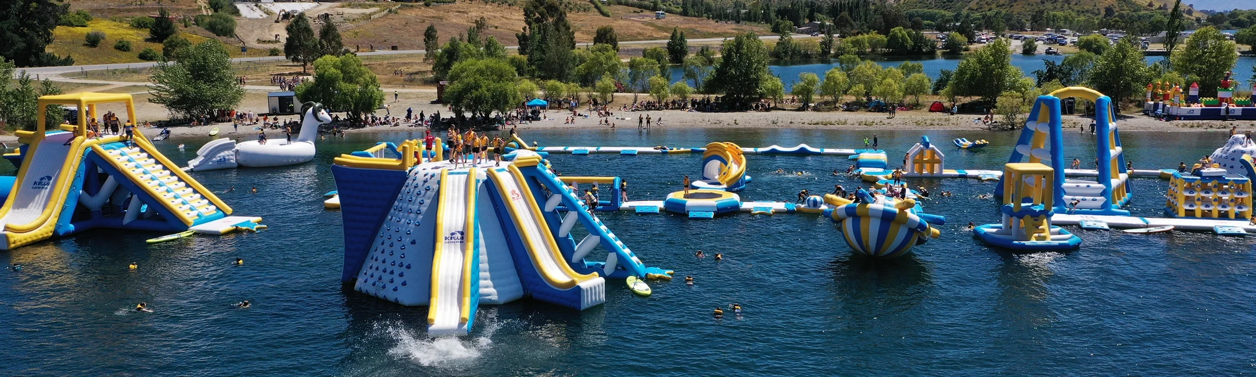 Kiwi Water Park inflatable obstacle course on Lake Dunstan, Cromwell