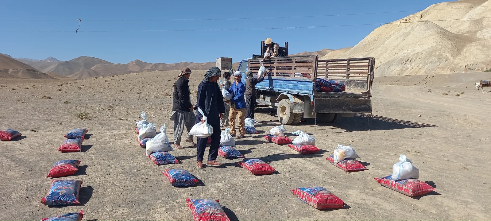 ReliefAid emergency food parcels laid out for distribution in rural Afghanistan